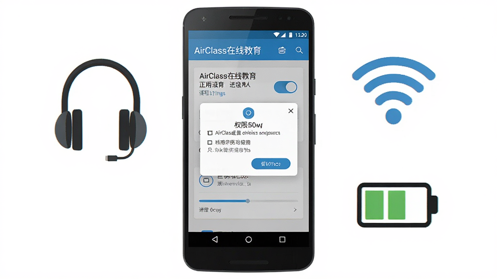 一张展示AirClass在线教育移动端使用指南的示意图,画面中央为一部安卓手机,屏幕上显示课程预约界面和权限设置弹窗,手机旁边有耳机、WiFi图标和电池图标,画面中带有