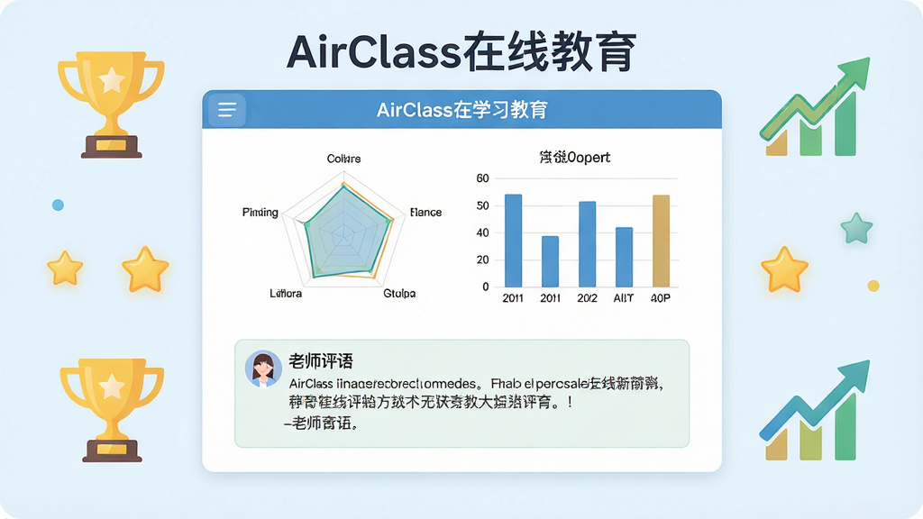 一幅展示AirClass在线教育学习报告页面的示意图,画面中央为一份图文并茂的学习报告,报告中包含雷达图、柱状图和老师评语,报告周围环绕着奖杯、星星和成长曲线图标,画面中带有