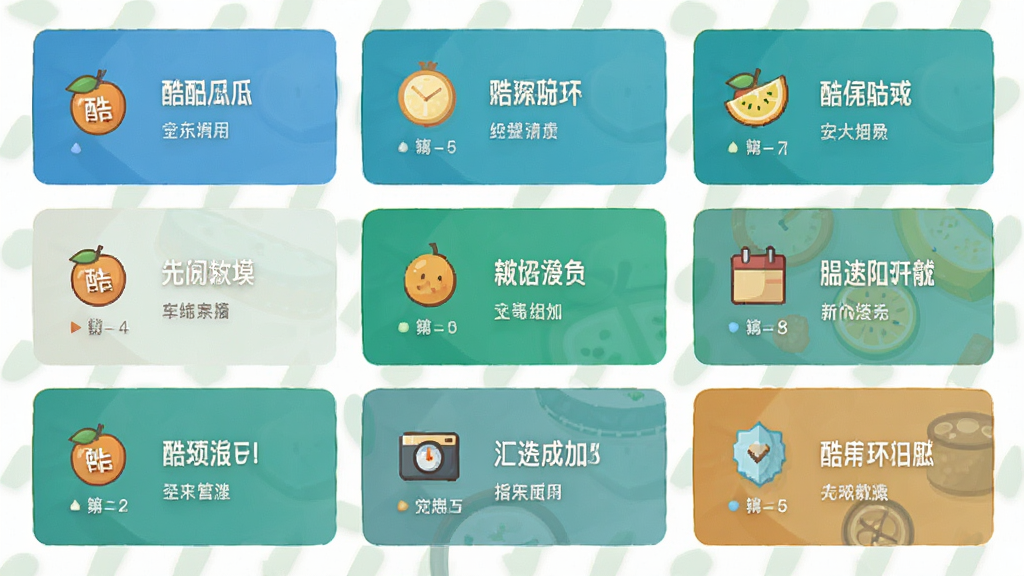 「酷瓜」软件功能模块界面展示图,画面中整齐排列着多个功能卡片,每个卡片带有图标和简短文字说明,布局采用网格形式,配色清新,风格扁平化,细节丰富,画质高清,无多余装饰元素