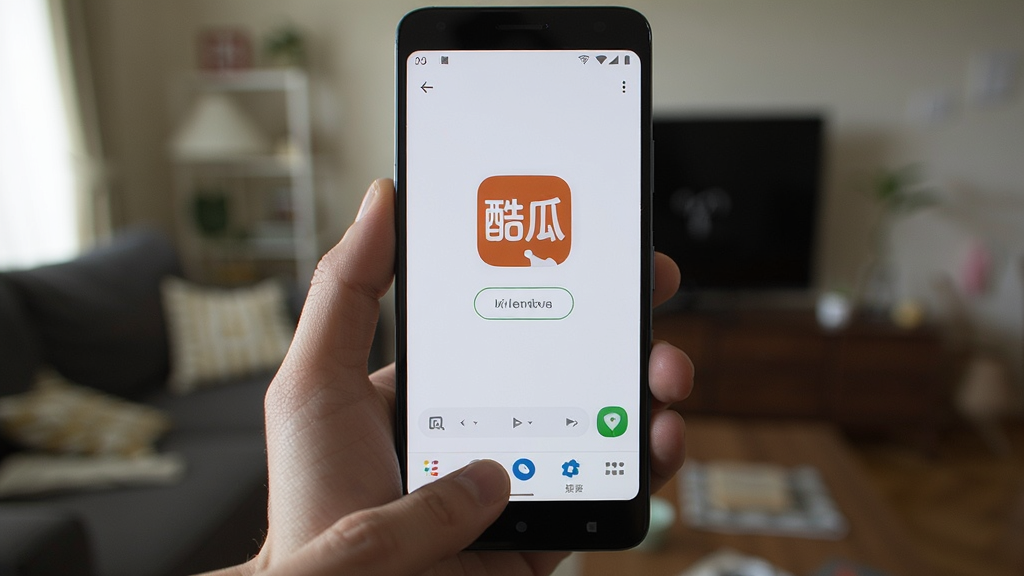 一部安卓手机屏幕上显示「酷瓜」应用正常运行界面,手指正在点击底部导航栏,背景为居家环境,光线自然,风格写实,画质清晰,构图简洁,突出操作动作