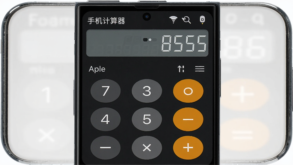 一部安卓手机屏幕正面展示“手机计算器”应用主界面,界面为深色主题,上方显示数字显示屏,下方排列圆形数字按键和加减乘除符号,画面简洁干净,居中构图,产品展示风格,高清画质,无多余元素