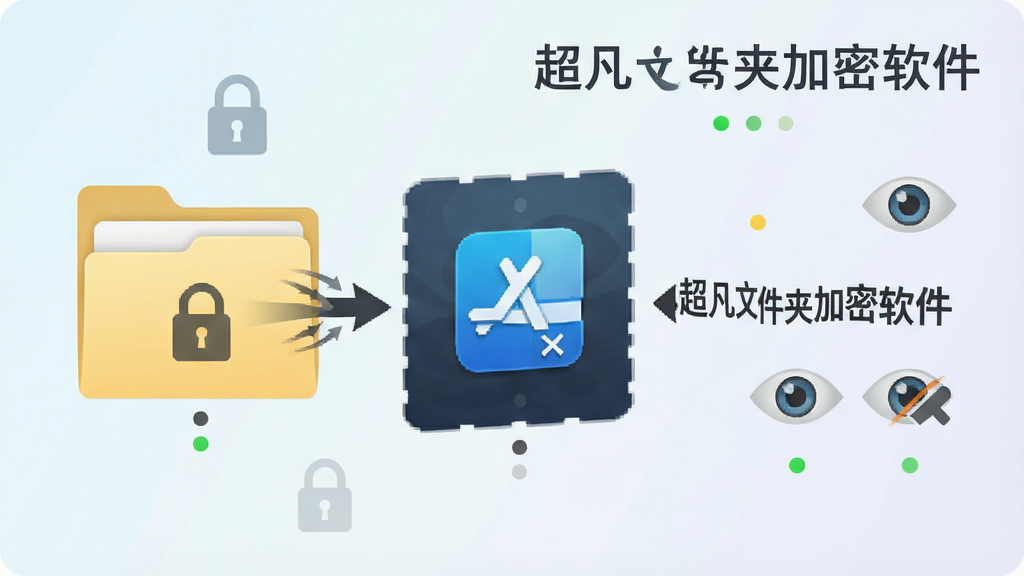 一幅展示超凡文件夹加密软件文件夹伪装功能的示意图,画面中一个普通文件夹正在变换为系统图标外观,旁边有“超凡文件夹加密软件”文字标识,背景为浅色渐变,画面中包含文件夹、锁、眼睛、隐藏符号等元素,风格简洁直观,细节包括图标变换箭头、状态指示点等,画质清晰干净,无多余装饰