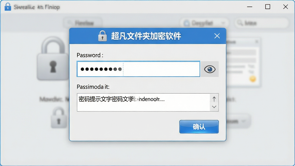 一张展示超凡文件夹加密软件密码管理界面的图片,画面中央为密码输入对话框,对话框上方显示“超凡文件夹加密软件”标识,密码框内显示圆点隐藏字符,旁边有眼睛图标用于切换显示状态,下方有密码提示文字区域和确认按钮,整体采用浅灰色与蓝色搭配的简洁风格,布局规整,细节包括锁形图标、提示文字、按钮高光等元素,画质干净清晰,无多余元素