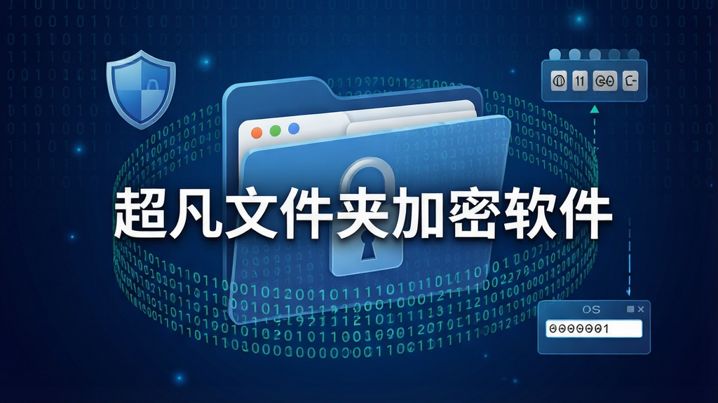 一幅展示超凡文件夹加密软件加密过程的示意图,画面主体是一个带有锁形图标的文件夹,文件夹周围环绕着由数字和字母组成的加密数据流,背景为深蓝色科技感渐变,画面中央用白色字体标注“超凡文件夹加密软件”名称,整体风格专业严谨,细节包括二进制代码纹理、盾牌图标、密码输入框等元素,画质清晰干净,无多余装饰