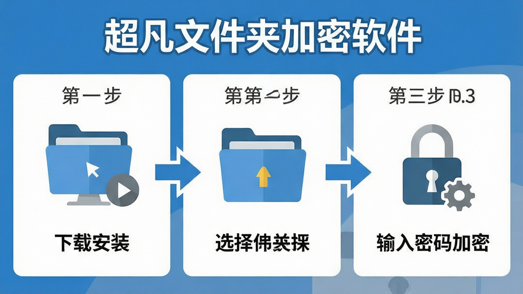 一张展示超凡文件夹加密软件新手操作步骤的示意图,画面分为三个步骤区域,第一步为下载安装,第二步为选择文件夹,第三步为输入密码加密,每个步骤配有简洁图标和文字说明,画面顶部有“超凡文件夹加密软件”标识,整体采用扁平化设计风格,配色为蓝白灰,布局清晰,细节包括箭头引导、文件夹图标、锁形图标等元素,画质干净,无多余装饰
