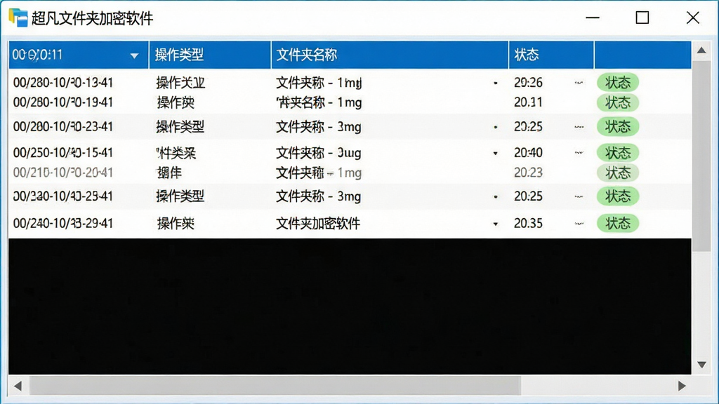 一张展示超凡文件夹加密软件操作日志界面的图片,画面为软件窗口内的日志列表,顶部显示“超凡文件夹加密软件”标题,列表中包含时间、操作类型、文件夹名称、状态等列,整体采用白色背景与蓝色表头搭配的清爽风格,布局整齐,细节包括日志条目、状态标签、滚动条等元素,画质干净锐利,无多余元素