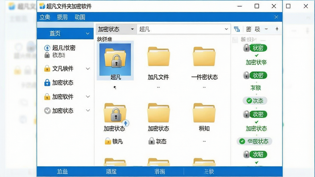 一张展示超凡文件夹加密软件主界面的图片,画面中央是软件窗口,窗口标题栏显示“超凡文件夹加密软件”字样,界面左侧为功能导航栏,右侧为文件夹列表和加密状态指示图标,整体采用蓝色与白色搭配的商务风格,布局简洁清晰,细节包括加密锁图标、文件夹缩略图、状态标签等元素,画质干净锐利,无多余装饰,适合软件下载站展示使用