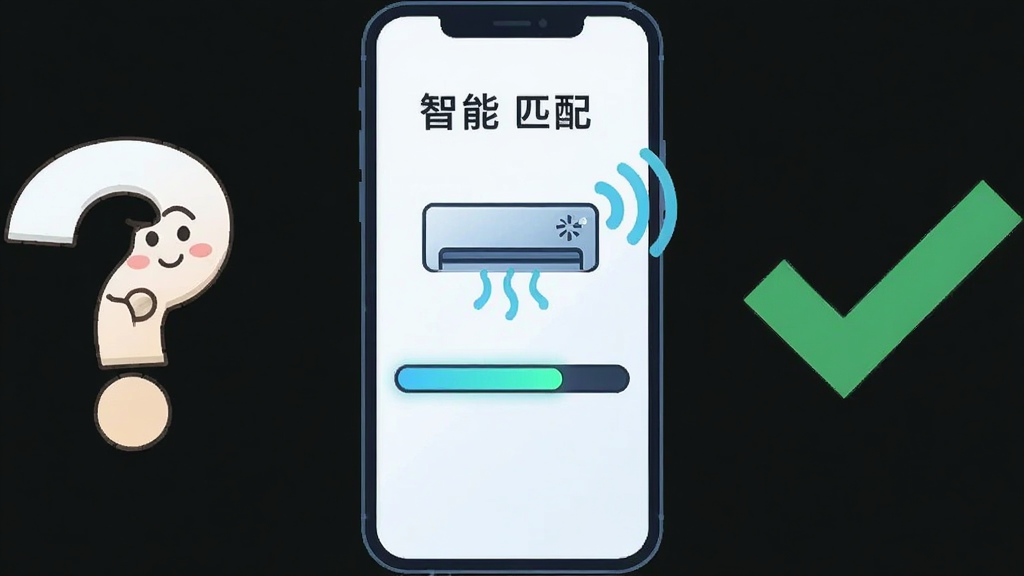 主体是一部手机屏幕显示匹配进度条和空调图标,手机旁边有一个问号和一个对勾图标,布局为手机居中、左侧问号右侧对勾,排版采用横向对比结构,风格为扁平化插画风,细节包括进度条发光、空调图标带有信号波纹、问号呈现思考表情,画质为矢量高清、干净、无多余元素,图片中打文字
