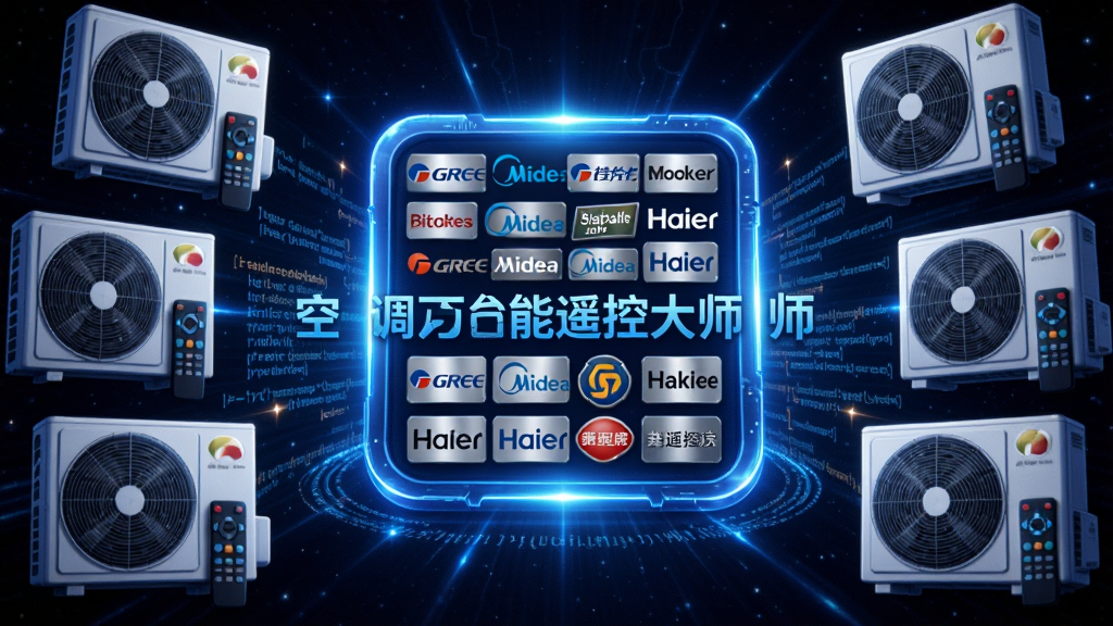 主体是一个发光的数字代码库图标,图标内部排列着密密麻麻的品牌Logo如格力、美的、海尔等,布局为中心图标加四周环绕的空调外机与遥控器,排版采用圆形放射状,风格为科技蓝光风格,细节包括代码流动的光效、品牌Logo的金属质感、背景的深色星空,画质为高清、干净、无多余元素,图片中打文字