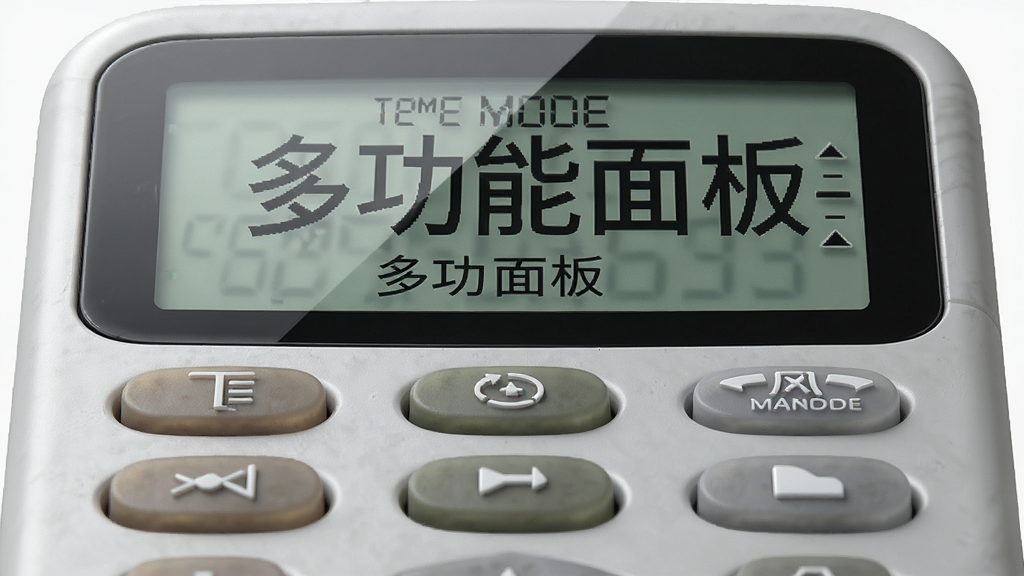 主体是一个虚拟遥控器界面特写,界面上的按钮清晰可见包括温度数字、模式图标、风速条,布局为遥控器居中放大,排版采用上下结构上方为显示屏下方为按键区,风格为拟物化设计,细节包括按钮的按压质感、屏幕的液晶显示效果、边缘的圆角处理,画质为超清、干净、无多余元素,图片中打文字