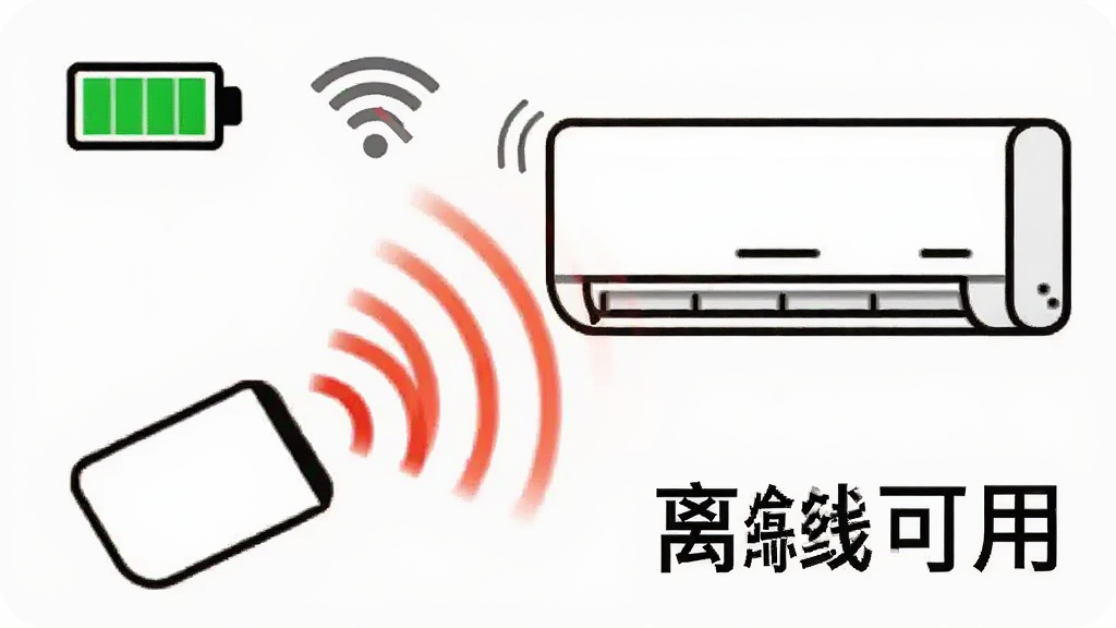 主体是一部手机发出红外信号,信号以波纹形式射向空调,背景有电池图标和WiFi关闭图标,布局为手机在左空调在右,排版采用对角线构图,风格为简约线条风,细节包括红外波纹的渐变效果、电池图标的绿色满格、WiFi图标的灰色禁用状态,画质为高清、干净、无多余元素,图片中打文字