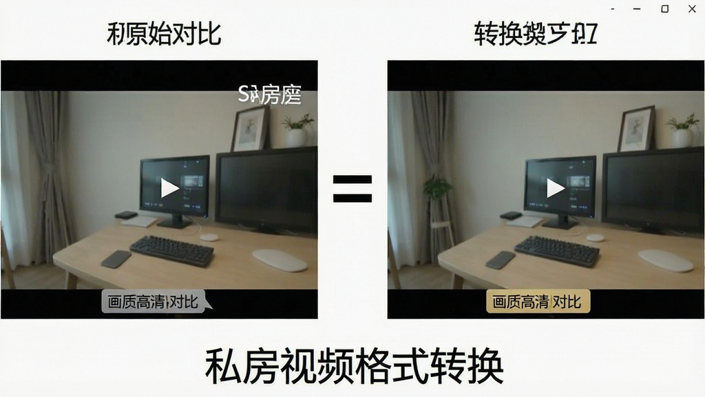 一张展示私房视频格式转换画质无损保留功能的图片,画面左侧为原始高清视频画面,右侧为转换后的高清视频画面,中间用等号连接,软件名称“私房视频格式转换”出现在画面下方,布局左右对比,风格为写实风格,细节上包含画质对比标签,画质高清,干净无多余元素