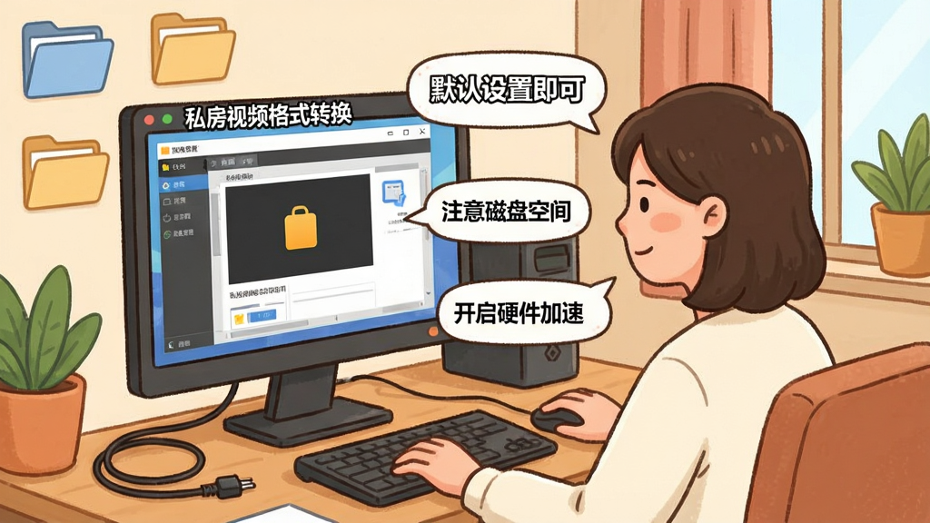 一张展示私房视频格式转换新手操作场景的图片,画面中一位用户坐在电脑前,屏幕上显示软件界面,旁边有提示气泡标注“默认设置即可”“注意磁盘空间”“开启硬件加速”等文字,软件名称“私房视频格式转换”出现在屏幕上方,布局为生活化场景,风格为温馨插画风,细节上包含电源线、文件夹图标,画质高清,干净无多余元素