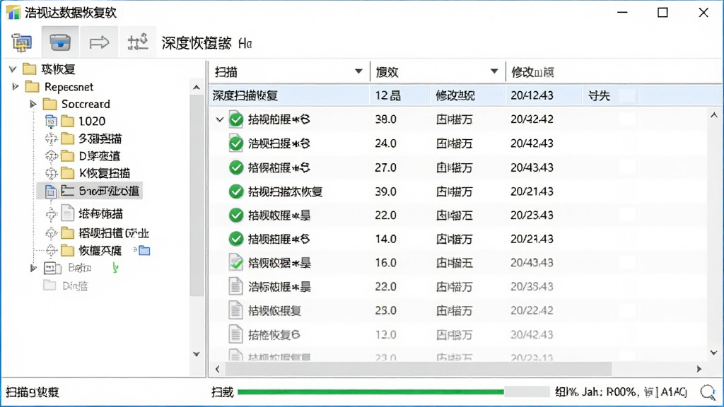 浩视达数据恢复软件扫描界面,主体是软件窗口展示深度扫描结果,布局为左侧磁盘目录树、右侧文件列表预览,排版整齐有序,风格为专业软件界面截图风,细节包含绿色对勾标记的可恢复文件、文件大小与修改日期列、扫描进度百分比,画质清晰,画面干净,无多余元素