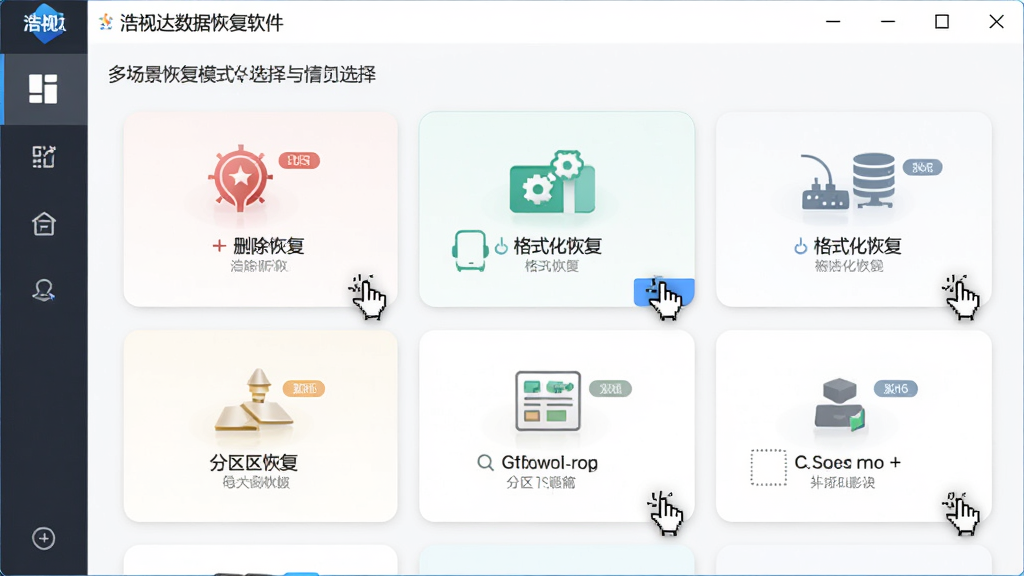 浩视达数据恢复软件多场景恢复模式选择界面,主体是软件功能菜单,布局为卡片式排列,排版展示删除恢复、格式化恢复、分区恢复等选项,风格为扁平化设计,细节包括不同颜色图标区分场景、鼠标悬停高亮效果,画质高清,画面干净,无多余元素
