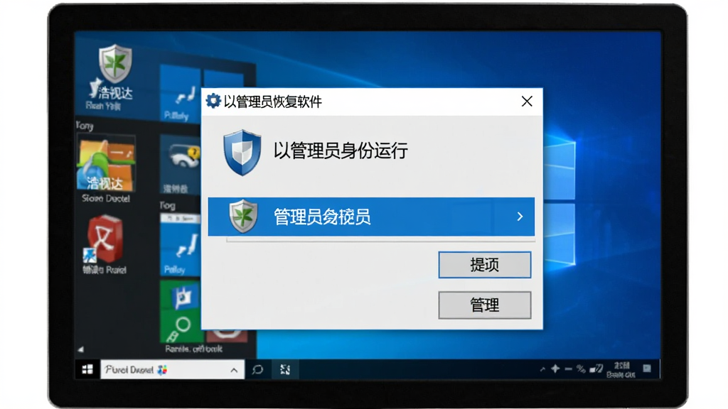 浩视达数据恢复软件错误提示与解决示意图,主体是电脑屏幕显示“以管理员身份运行”右键菜单,布局为屏幕中央弹出菜单,排版突出管理员选项,风格为Windows操作截图风,细节包括盾牌图标、高亮选中效果,画质清晰,画面干净,无多余元素