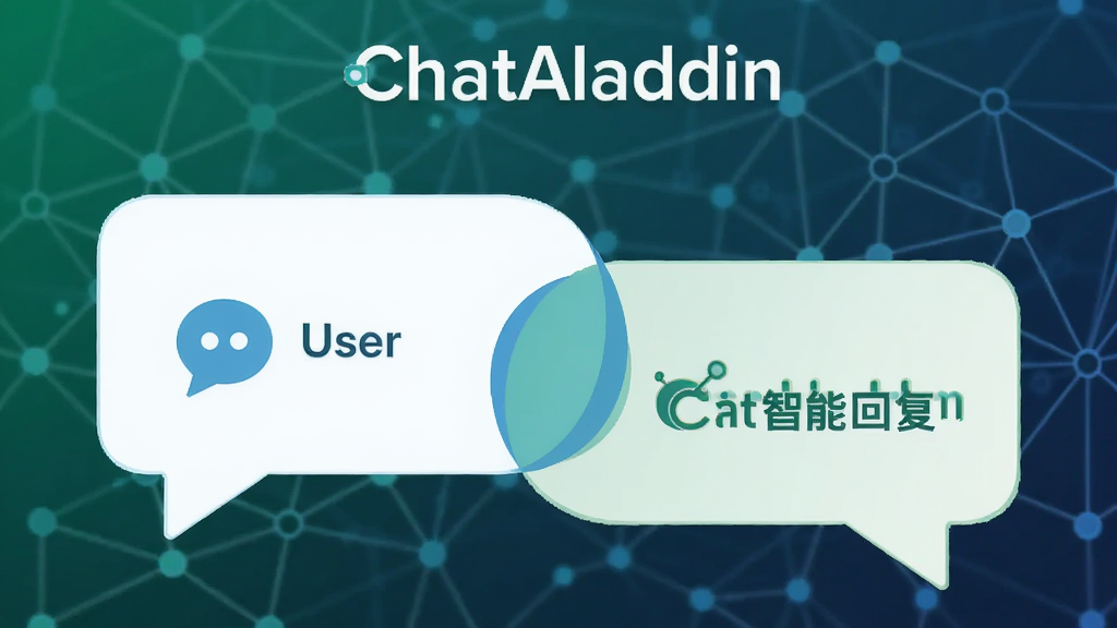 一个代表ChatAladdin智能对话功能的视觉图,画面主体是两个对话气泡相互交叠,一个标注用户提问,一个标注ChatAladdin的智能回复,布局为左右对称的聊天气泡样式,排版居中,风格为扁平化科技插画风,细节包含ChatAladdin软件名称在画面顶部,背景有微弱的神经网络线条装饰,画质高清,干净,无多余元素