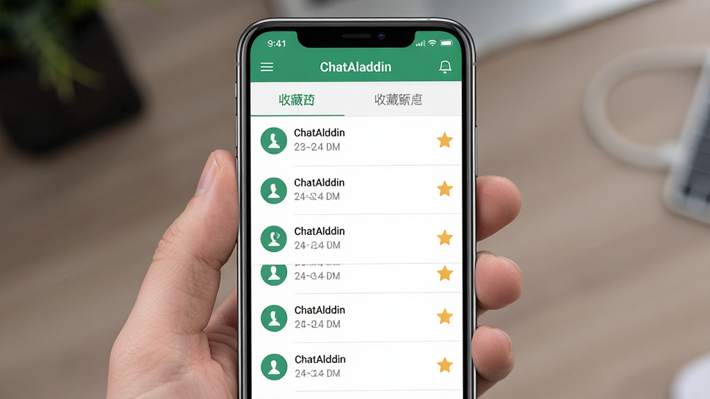 一张展示ChatAladdin历史记录与收藏功能的界面图,画面主体是手机屏幕上的对话列表和收藏夹标签页,布局为上下分栏结构,排版清晰,风格为清爽的移动端UI风格,细节包含ChatAladdin软件名称在页面顶部,列表项带有时间戳和收藏星标图标,画质高清,干净,无多余元素
