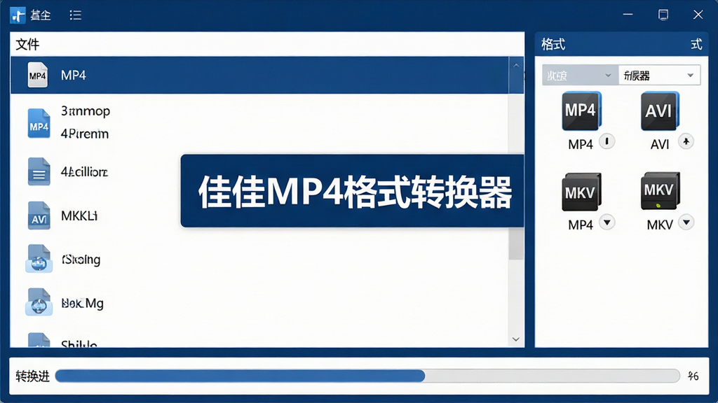 软件主界面中央展示“佳佳MP4格式转换器”标题文字,左侧为文件列表区域,右侧为格式选择面板,下方是转换进度条,整体采用深蓝色与白色搭配的现代软件界面风格,布局清晰对称,细节包含MP4、AVI、MKV等格式图标,画质高清,干净整洁,无多余元素