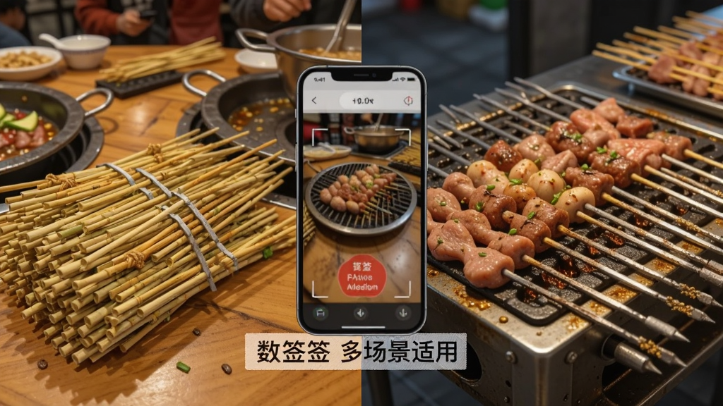 一张组合场景图,左侧是火锅店桌面上堆满竹签的场景,右侧是烧烤摊上铁签排列的场景,中间用手机屏幕连接显示数签签识别界面,整体风格为写实拼贴风,细节包括不同材质的签子和桌面纹理,画质清晰明亮,图片中文字标注“数签签多场景适用”