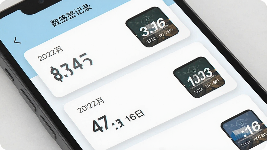 手机屏幕展示数签签的历史记录页面,页面中排列着多条计数记录,每条记录包含日期、数量数字和缩略图,界面采用卡片式布局,配色以浅蓝和白色为主,整体风格为清新简约的移动端UI展示图,细节包括卡片阴影和数字字体,画质清晰干净,图片中文字标注“数签签记录”