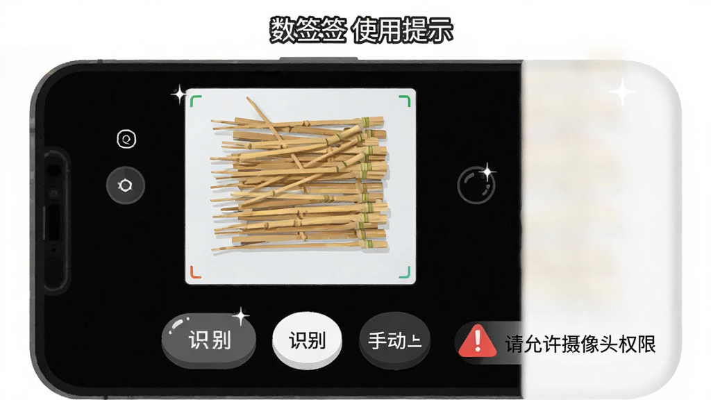 一张手机屏幕显示数签签相机界面,画面中央是取景框内平铺的竹签,屏幕下方有识别按钮和手动加减按钮,旁边有一个红色警告图标提示“请允许摄像头权限”,整体风格为扁平化教程插画,细节包括按钮高光和警告图标,画质清晰干净,图片中文字标注“数签签使用提示”