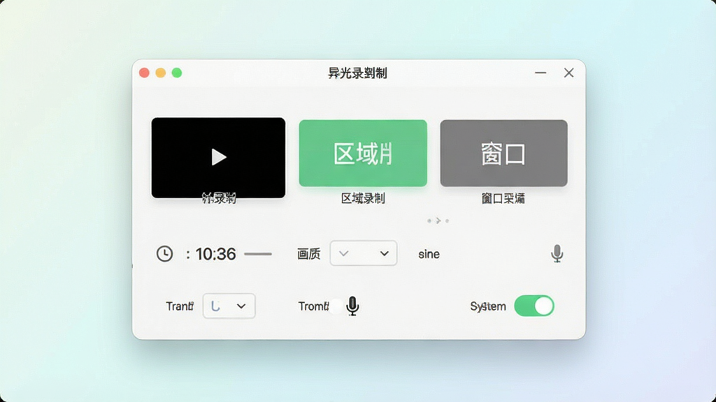 一张展示异光录屏软件主界面的图片,画面中央是软件操作窗口,窗口内包含全屏录制、区域录制、窗口录制等按钮选项,界面风格简洁清爽,背景为浅色渐变,主体突出,布局居中,排版规整,风格为现代科技感,细节包含录制时长显示、画质选择下拉框、麦克风与系统声音开关图标,画质清晰,画面干净,无多余元素