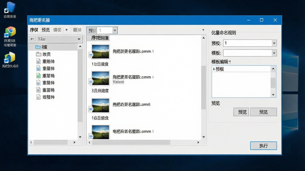 一张干净整洁的电脑桌面软件界面展示图,画面中央是“拖把更名器”软件主窗口,左侧为文件列表区域,右侧为批量命名规则设置面板,窗口内显示多个待重命名的图片和文档文件名,整体布局为横向双栏排版,风格为现代扁平化Windows应用界面,细节包含序号预设输入框、模板编辑框、预览按钮与执行按钮,画质清晰,界面干净,无多余元素