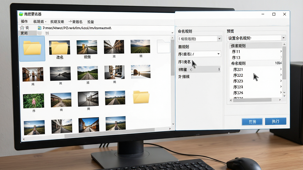 一张电脑端软件操作场景图,画面展示用户正在使用“拖把更名器”批量处理文件夹中的照片,屏幕左侧是待改名的图片缩略图列表,右侧是命名规则设置和预览结果,布局为横向工作区,风格为真实办公桌面环境,细节包含鼠标指针、文件夹路径、序号递增预览与执行按钮,画质清晰,画面干净,无多余元素