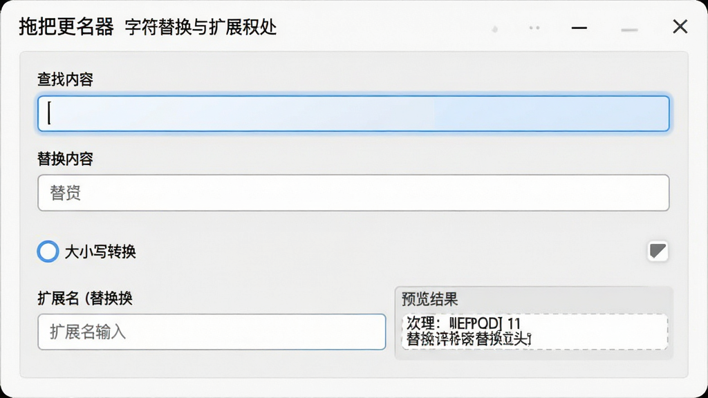 一张软件功能界面图,画面展示“拖把更名器”的字符替换与扩展名处理面板,面板中包含查找内容、替换内容、大小写转换选项、扩展名替换输入框,布局为分组式表单,风格为素雅极简工具界面,细节包含高亮输入框、复选选项与预览结果,画质清晰,界面干净,无多余元素