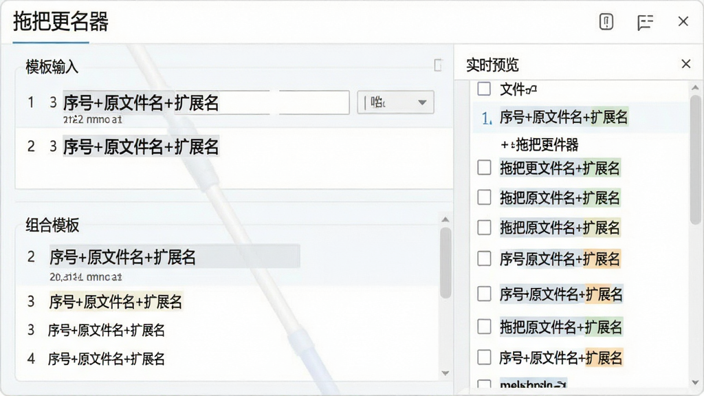 一张软件功能展示图,画面主体为“拖把更名器”的规则编辑面板,面板中显示“序号+原文件名+扩展名”的组合模板,右侧有实时预览列表,布局为上下结构,上方是模板输入区,下方是文件预览区,风格为清爽浅色办公软件界面,细节包含数字序号递增、文件名高亮、扩展名变色显示,画质清晰,画面干净,无多余元素