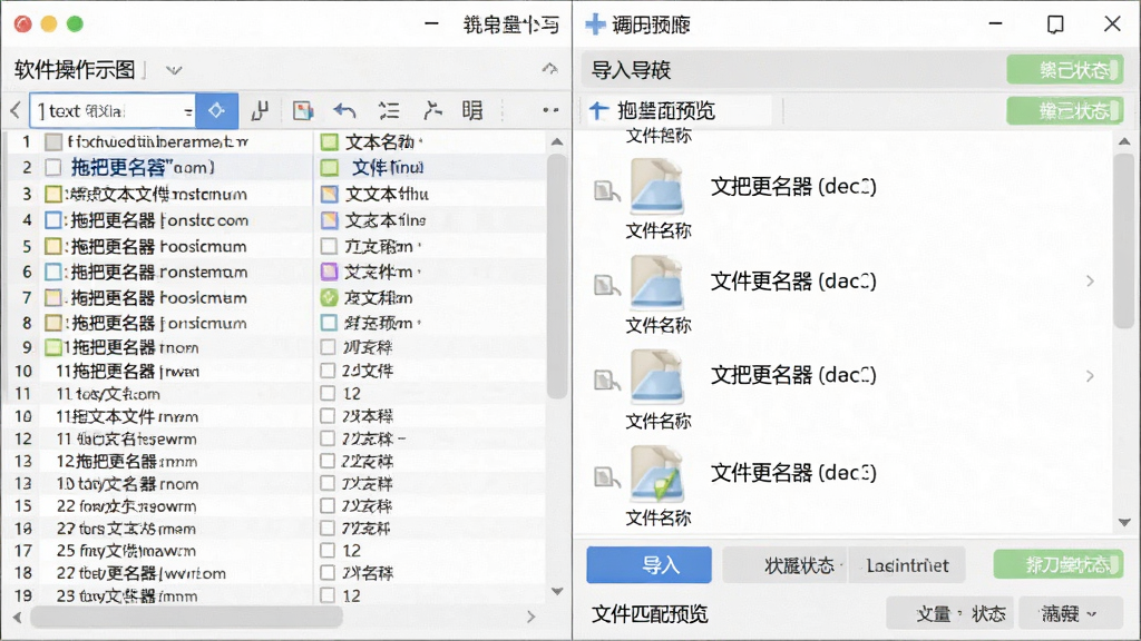 一张软件操作示意图,画面展示“拖把更名器”调用文本文件进行批量命名的流程,左侧是文本文件内容列表,右侧是软件文件匹配预览区,布局为左右对照结构,风格为办公效率工具界面,细节包含文本行号、文件名对应关系、导入按钮与状态提示,画质清晰,画面整洁,无多余元素