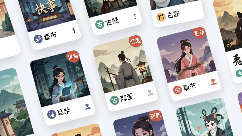 互动快报多元题材内容展示,主体为多个悬浮的故事封面卡片,布局为错落有致的网格排列,排版突出都市、悬疑、古风、恋爱等分类标签,风格为清新明快的扁平化设计,细节包括封面插图、题材图标、更新角标,画质高清,干净,无多余元素