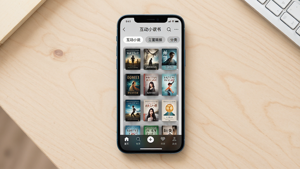 互动快报软件主界面全景展示,主体为一部智能手机屏幕,屏幕上呈现互动小说书架与分类导航,布局为手机居中放置于浅色桌面,排版清晰展示应用图标与界面元素,风格为现代简约科技风,细节包括书架封面、分类标签、底部导航栏,画质高清,干净,无多余元素