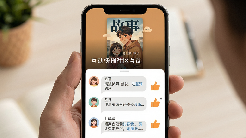 互动快报社区互动场景,主体为手机屏幕显示评论区与读者讨论界面,布局为上下结构,上方为故事封面与章节标题,下方为多条用户评论与点赞图标,排版清晰展示互动元素,风格为温暖社交风,细节包括头像、评论气泡、点赞手势,画质高清,干净,无多余元素