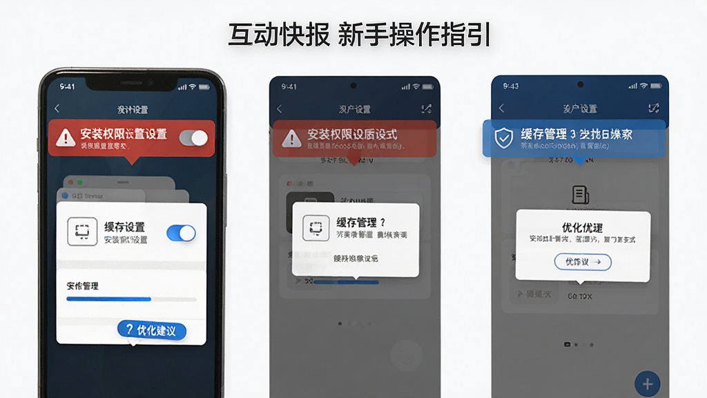 互动快报新手操作指引界面,主体为手机屏幕展示安装权限设置与缓存管理页面,布局为分步截图示意,排版突出红色警告提示与蓝色优化建议,风格为教程指引风,细节包括设置开关、进度条、提示弹窗,画质高清,干净,无多余元素