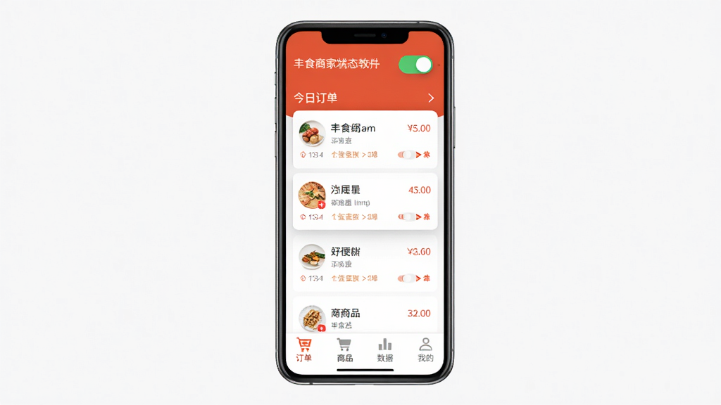 丰食商家端软件主界面展示,手机屏幕中央显示今日订单列表,顶部有营业状态开关,底部导航栏包含订单、商品、数据、我的四个图标,整体采用橙红色与白色搭配的扁平化设计风格,画面干净整洁,高清画质,无多余元素