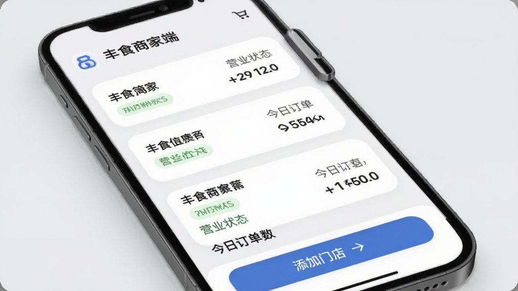丰食商家端多门店切换界面,手机屏幕显示门店列表卡片,每个卡片有门店名称、营业状态和今日订单数,顶部有当前门店标识,底部有添加门店入口,整体采用圆角卡片设计,浅灰色背景,高清画质,干净整洁