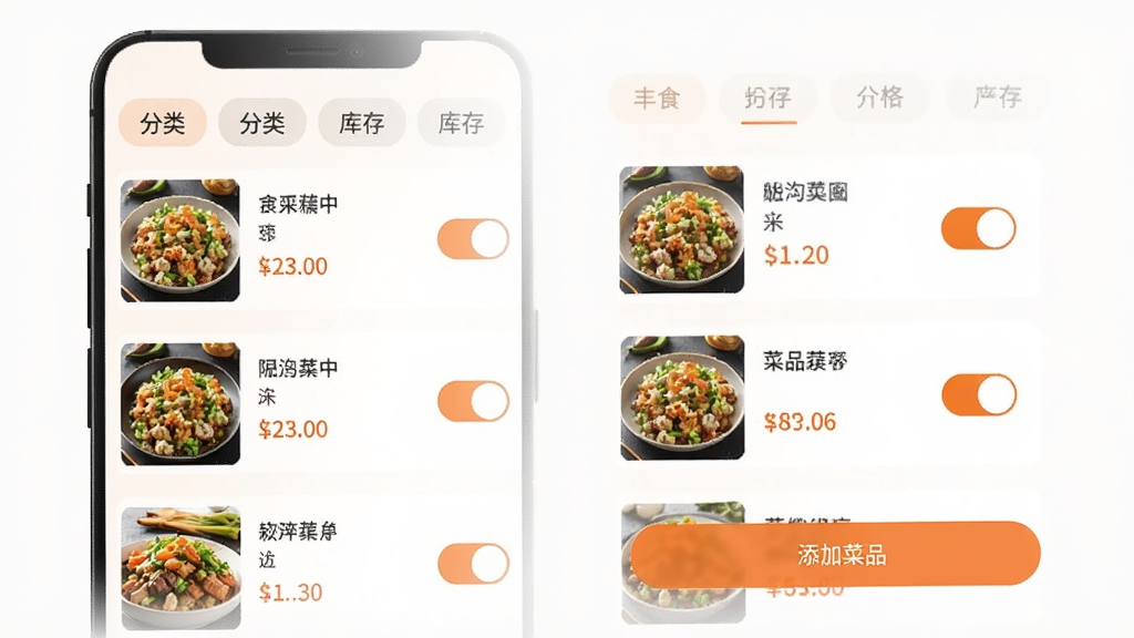 丰食商家端菜品管理页面,手机屏幕显示菜品列表,每道菜配有缩略图、名称、价格和库存开关,顶部有分类标签栏,底部有添加菜品按钮,整体采用清爽的浅色背景和橙色点缀,高清画质,无多余元素