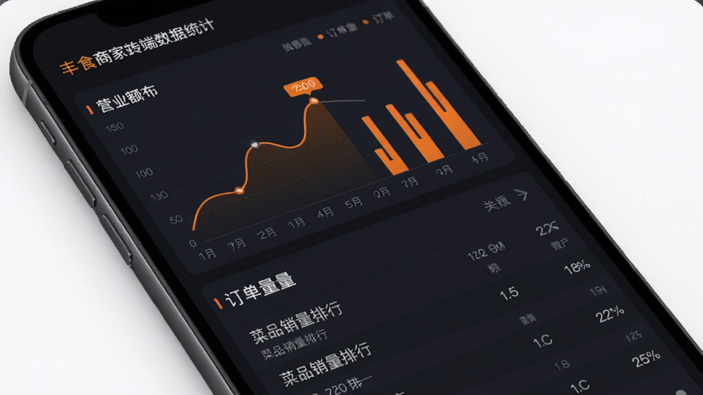 丰食商家端数据统计界面,手机屏幕显示营业额折线图和订单量柱状图,下方有菜品销量排行列表,界面采用深色背景搭配橙色数据线,风格简洁商务,高清画质,干净整洁