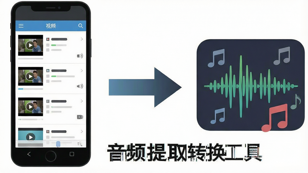 一张展示音频提取转换工具从视频中提取音频过程的示意图,画面左侧是一部手机显示视频文件列表,右侧是音频波形图标和音符符号,中间用箭头连接表示提取过程,画面中带有“音频提取转换工具”文字标识,背景为干净的白色,整体风格扁平化,画质清晰,无多余元素