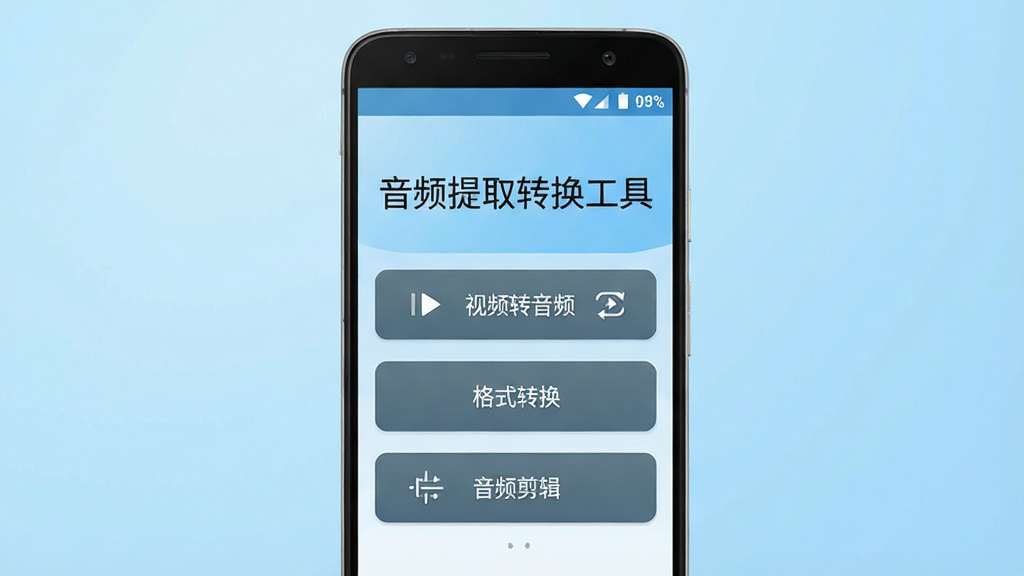 一张展示音频提取转换工具软件界面的手机预览图,画面中央是一部安卓手机,手机屏幕上显示着软件主界面,界面中包含“音频提取转换工具”文字标题,下方排列着视频转音频、格式转换、音频剪辑等功能按钮,背景为干净的浅蓝色渐变,整体风格简洁现代,画质清晰,无多余元素