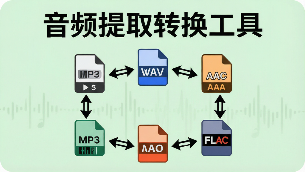 一张展示音频提取转换工具格式转换功能的示意图,画面中央是多个音频格式图标环绕排列,包括MP3、WAV、AAC、FLAC等,图标之间用双向箭头连接,画面顶部带有“音频提取转换工具”文字,背景为柔和的浅绿色,风格简约清新,画质清晰,无多余元素