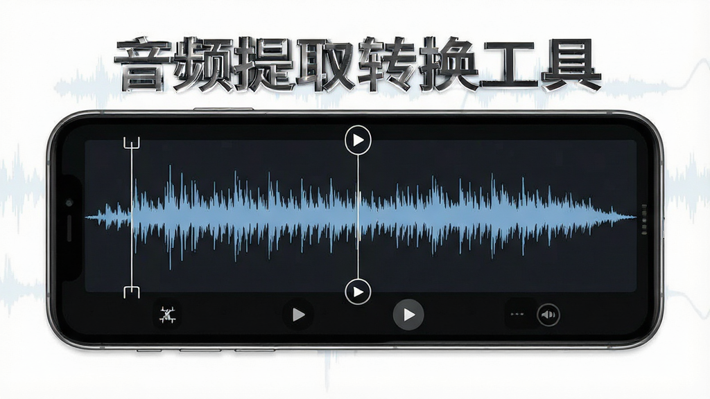 一张展示音频提取转换工具音频剪辑功能的示意图,画面中手机屏幕上显示音频波形图,波形上有裁剪标记和播放按钮,画面带有“音频提取转换工具”文字,背景为干净的白色,风格现代简约,画质清晰,无多余元素