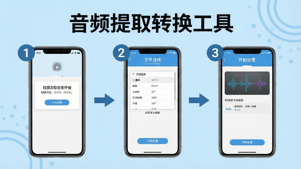 一张展示音频提取转换工具新手操作步骤的示意图,画面中手机屏幕上分步骤显示权限开启、文件选择、开始处理三个界面,每个步骤用数字标注,画面带有“音频提取转换工具”文字,背景为浅蓝色,风格清新简洁,画质清晰,无多余元素