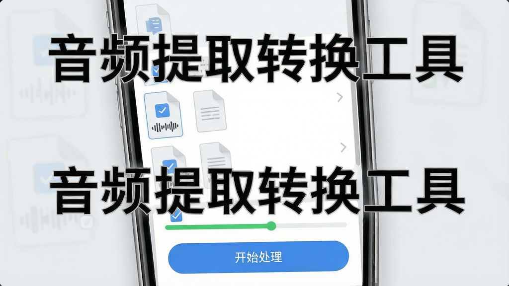 一张展示音频提取转换工具批量处理功能的界面图,画面中手机屏幕上显示多个文件被勾选,下方有进度条和开始处理按钮,画面带有“音频提取转换工具”文字标题,背景为浅灰色,风格简洁商务,画质清晰,无多余元素