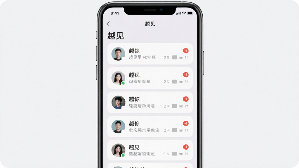 一张展示“越见”消息提醒界面的手机截图风格图,主体为手机屏幕,布局为居中展示,屏幕内显示“越见”消息列表,包含头像、昵称和未读红点。风格为写实UI风格,细节包括圆角卡片、浅灰背景、清晰的文字层级,画质干净清晰,无多余元素。