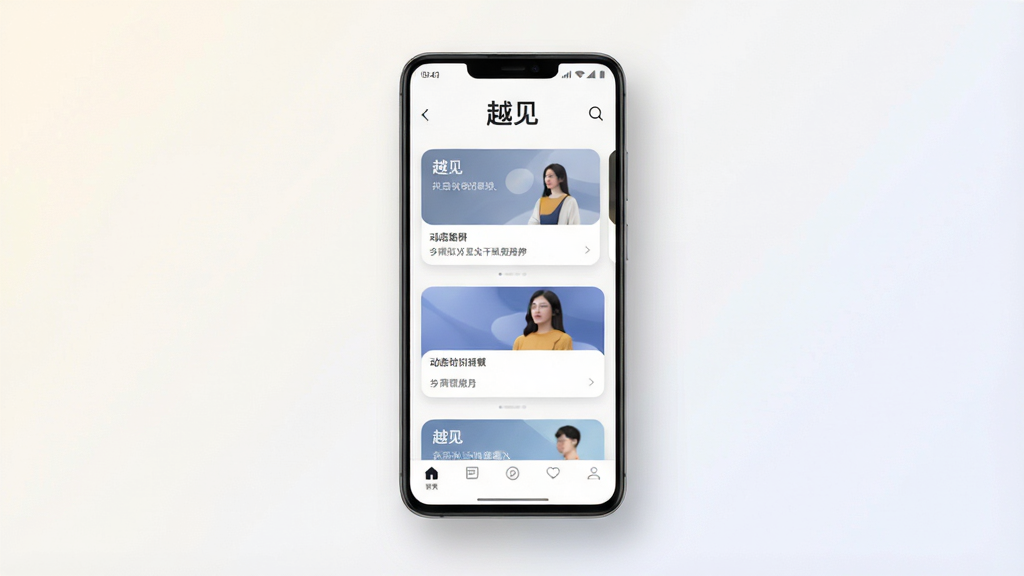 一张展示“越见”软件主界面的手机样机图,画面中央是一部竖屏安卓手机,屏幕内显示“越见”应用首页,顶部有“越见”文字标识,中部是卡片式动态流,底部有导航栏。整体布局为居中构图,手机悬浮在浅色渐变背景上,风格为现代简约科技感,细节包括柔和的阴影和圆润的卡片边角,画质清晰干净,无多余元素。