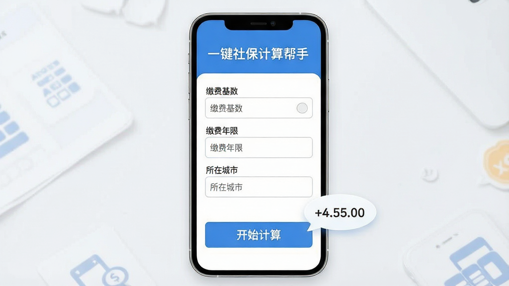 一张手机屏幕展示着一键社保计算帮手的主界面,画面中央是简洁的蓝色与白色配色布局,顶部显示软件名称“一键社保计算帮手”文字,中间排列着缴费基数、缴费年限、所在城市三个输入框,底部有一个醒目的“开始计算”按钮,旁边漂浮着养老金预测数字气泡,整体风格清爽现代,扁平化设计,画质清晰,干净无多余元素