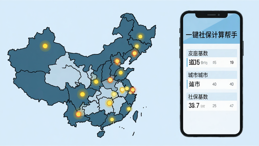 一幅扁平化插画,画面左侧是一张中国地图轮廓,地图上多个城市节点被高亮标记,右侧是一部手机,手机屏幕上显示“一键社保计算帮手”字样和自动填充的城市社保基数数据,背景为浅蓝色,风格简洁商务,画质清晰,干净无多余元素